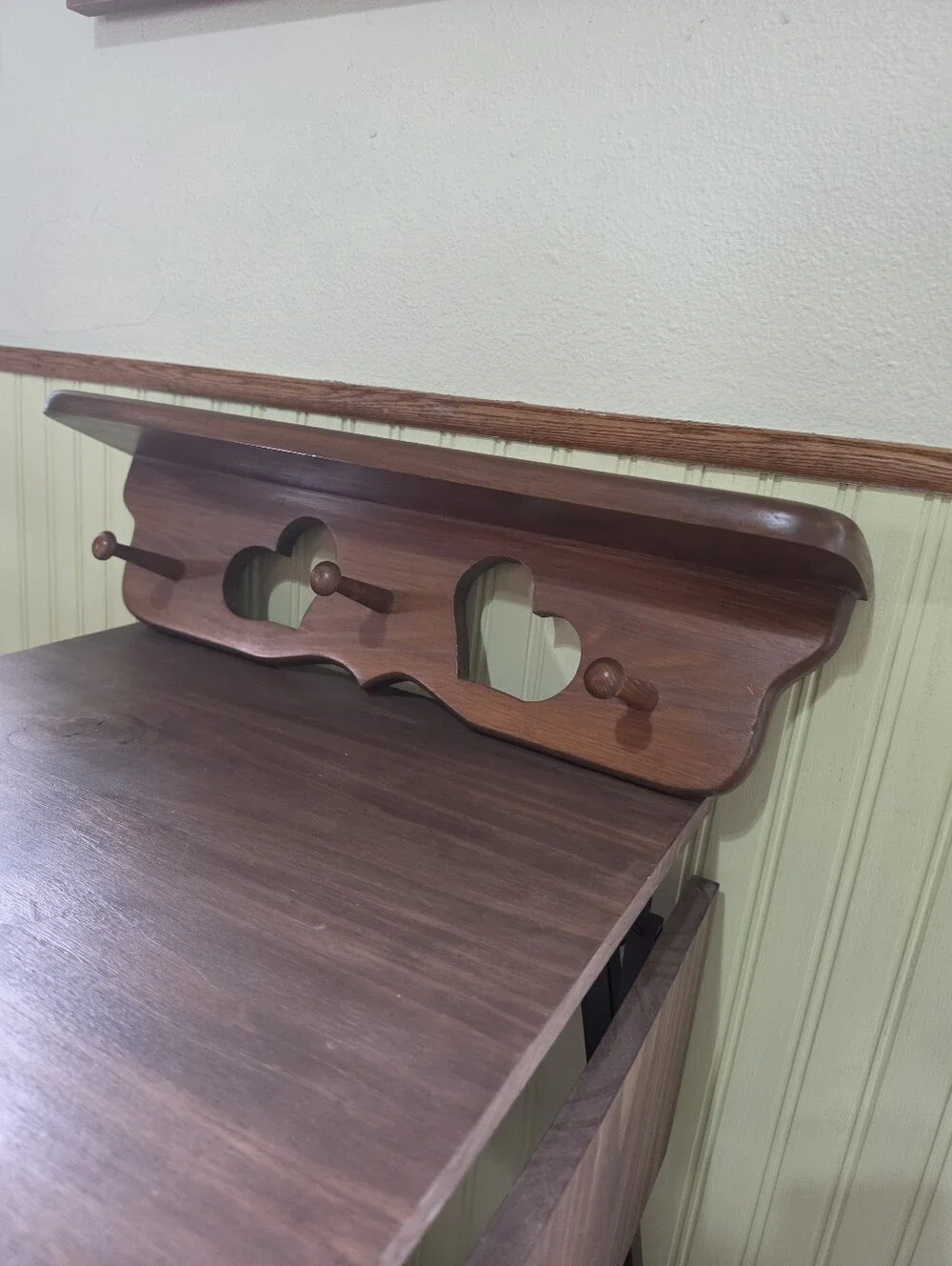Vintage Wood Wall Shelf Heart Cutout 3 Pegs 21.5